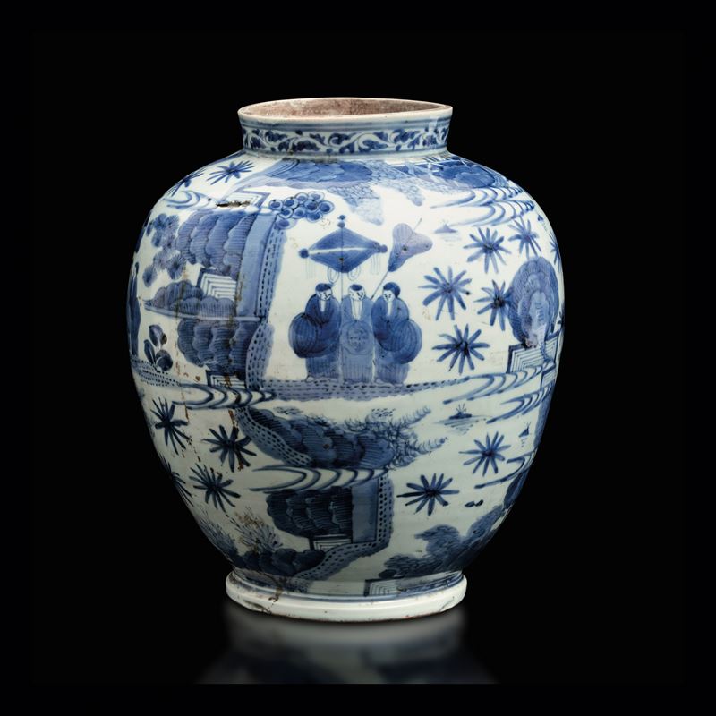 Potiche in porcellana bianca e blu a decoro di scene di vita comune, Giappone, Arita, XVII secolo  - Asta Fine Chinese Works of Art - Cambi Casa d'Aste