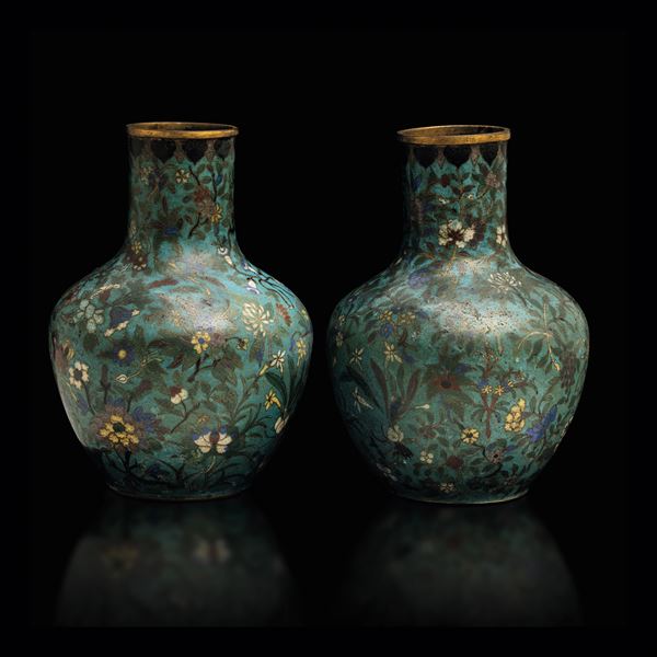 Two cloisonné Tianqiuping vases, China