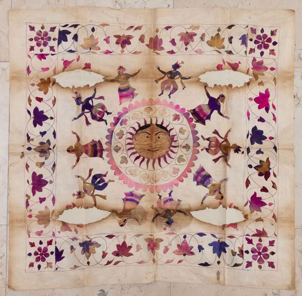 Tessuto antico di seta ricamato Chamba - Rumal, India, XIX secolo