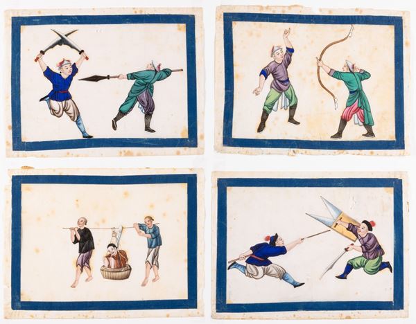 Quattro dipinti su carta raffiguranti personaggi, Cina, Dinastia Qing, XIX secolo