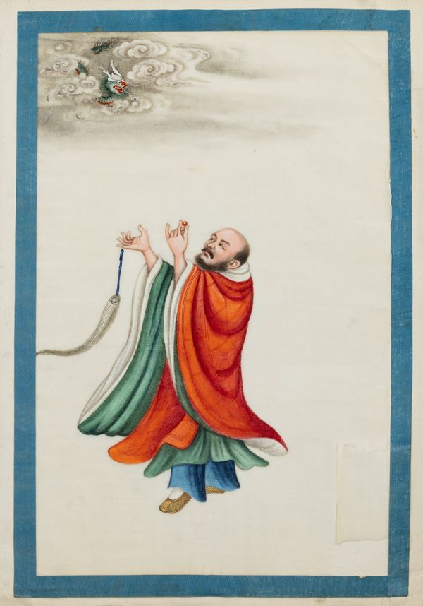 Coppia di dipinti su carta di riso raffigurante dignitari, Cina, inizio XIX secolo