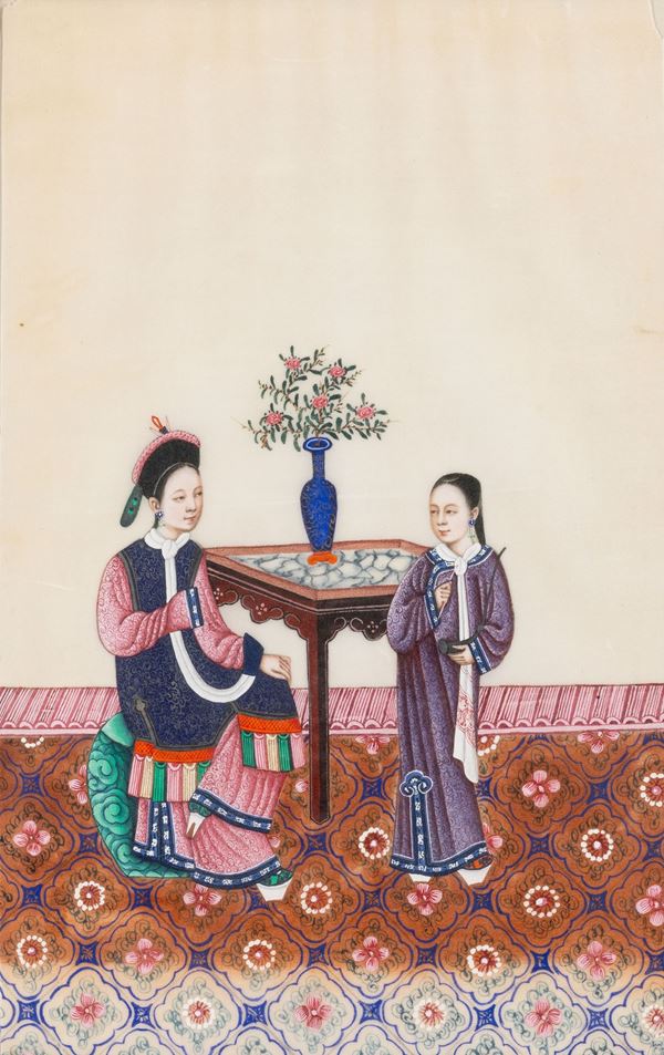 Tre dipinti su carta raffiguranti scene di vita di corte, Cina, Dinastia Qing, XIX secolo
