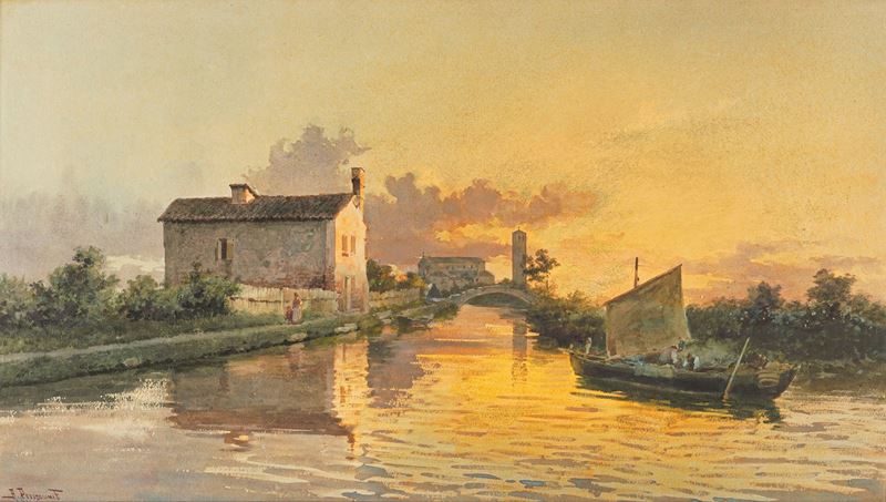 Alberto Prosdocimi : Naviglio con cascina  - acquerello su carta - Asta Dipinti del XIX e XX secolo - Cambi Casa d'Aste