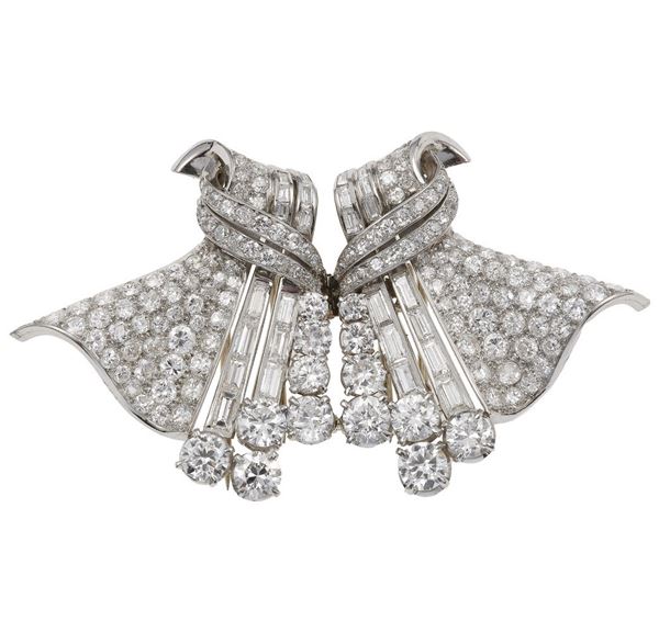 Diamond, platinum and gold double clip brooch