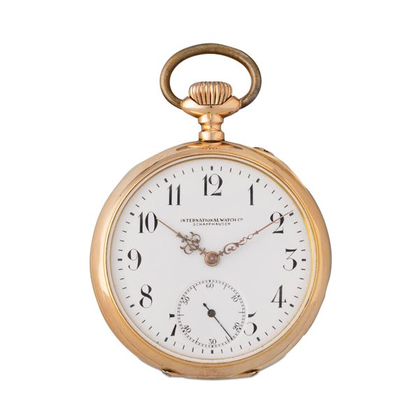 Orologio da tasca in oro giallo 14k, quadrante bianco con lancette Luigi XV e piccoli secondi al sei, movimento con scappamento ad ancora<BR>48 mm, peso 87,5 g