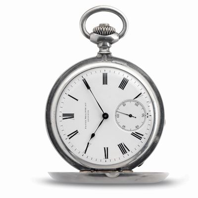 Raro Orologio da Tasca Hunter Case in Argento con Cerniere in Oro Rosa, Quadrante in Smalto Bianc...