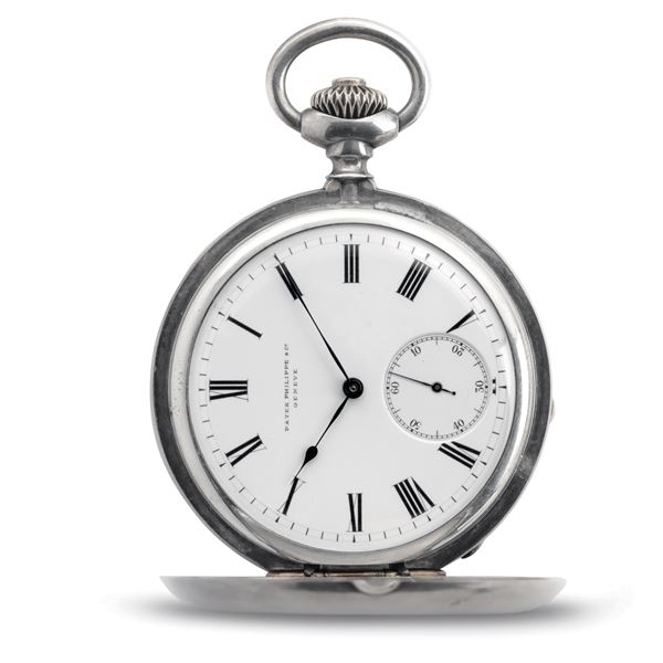 Raro orologio da tasca Hunter case in argento con cerniere in oro rosa, quadrante in smalto bianco,  [..]