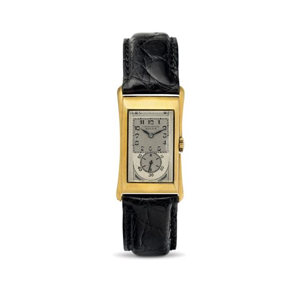 Rolex - Prince Brancard ref 1490 raro ed elegante orologio di forma,  in oro giallo 14 kt, quadrante bitonale con numeri Decò