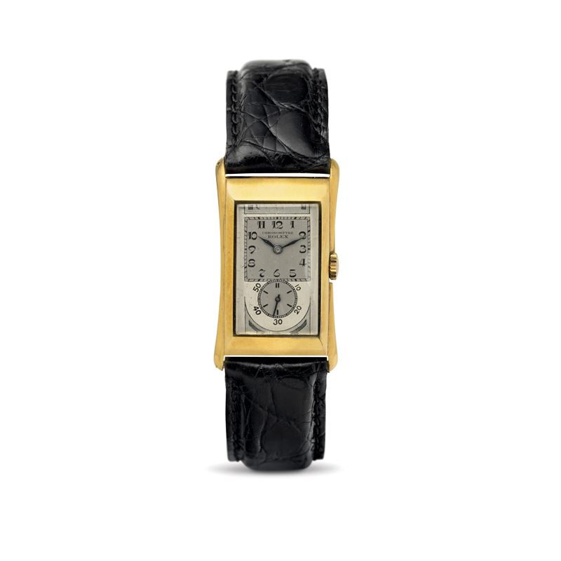Rolex : Prince Brancard ref 1490 raro ed elegante orologio di forma,  in oro giallo 14 kt, quadrante bitonale con numeri Decò  - Asta Orologi da Polso - Cambi Casa d'Aste