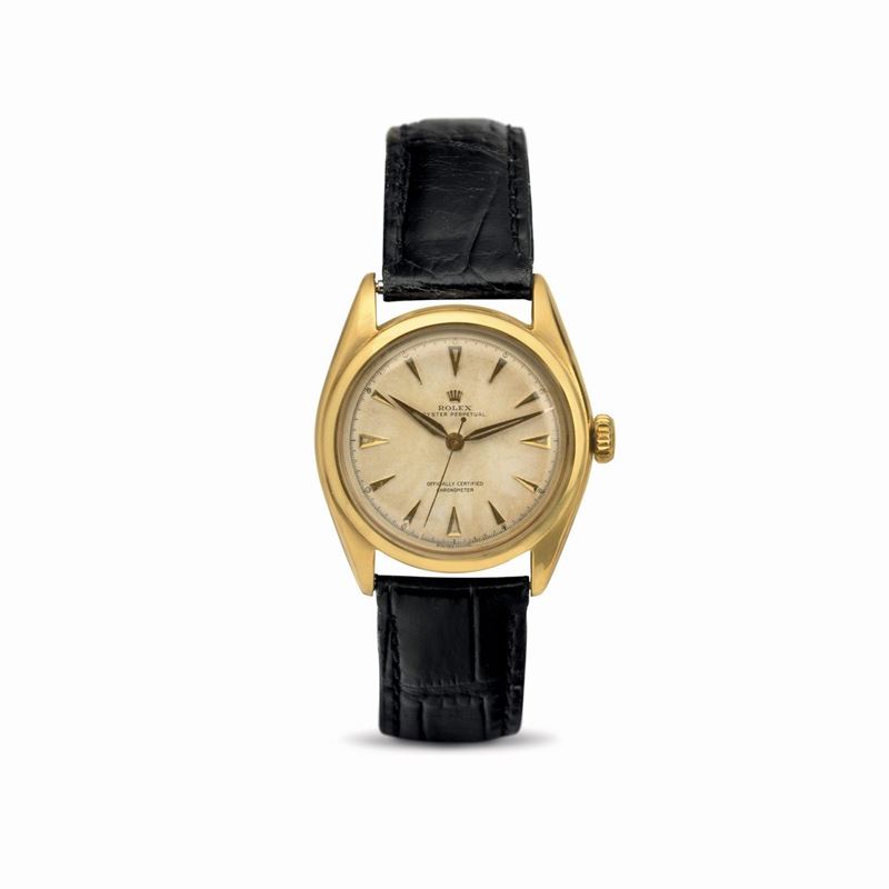 Rolex : Raro Ovettone ref 6084 in oro giallo 18k quadrante grenè con indici al radio applicati e lancette a foglia carica automatica in ottime condizioni  - Asta Orologi da Polso - Cambi Casa d'Aste