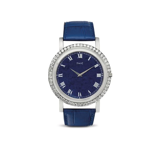 18k white gold extravaganza with oversized diamonds, Lapis dial Roman numerals, hand-wound movement