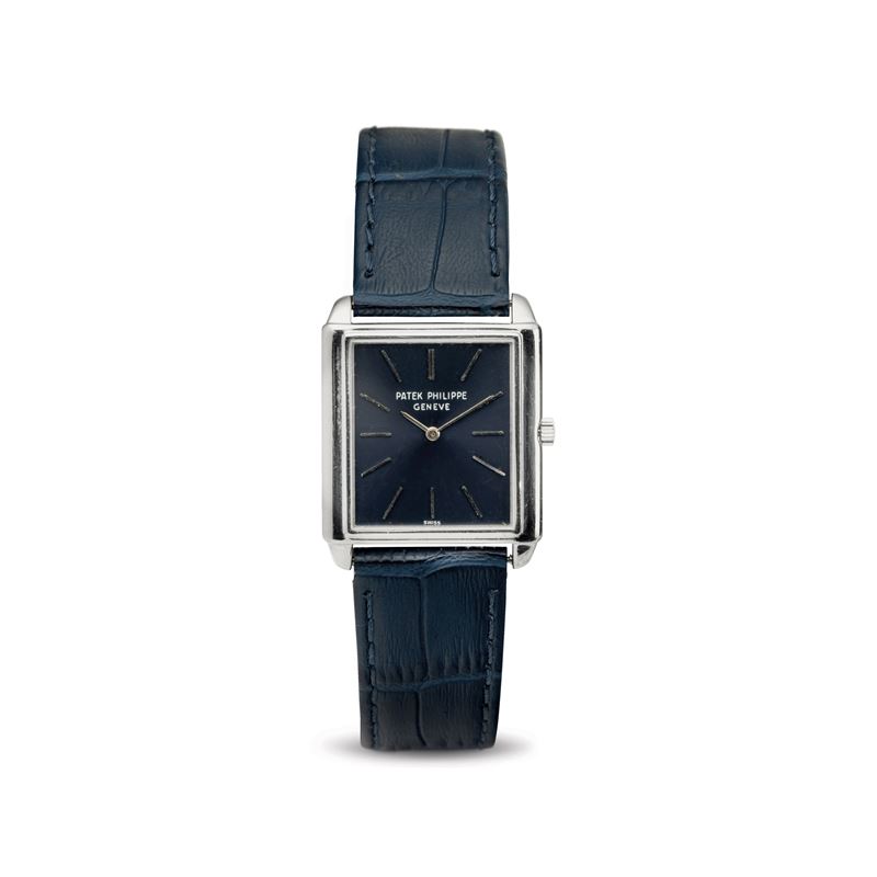 Patek Philippe : Rectangular 18k white gold gondola, blue dial with manual winding  - Auction Watches - Cambi Casa d'Aste
