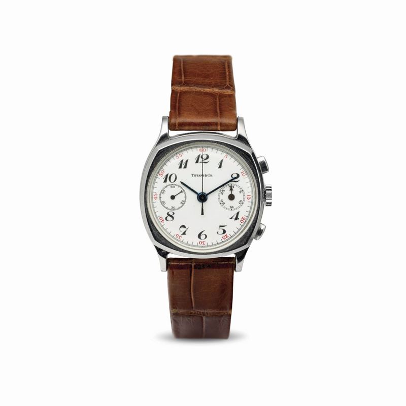 Tiffany&amp;Co. : Steel cushion-shaped chronograph, manual winding two counters, white enamel dial with Breguet numerals  - Auction Watches - Cambi Casa d'Aste