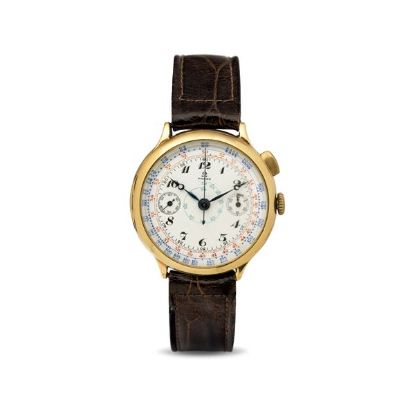 Omega - Attractive two-counter single-pusher chronograph cal 33.3 with 18k yellow gold hinged case, coloured tachymeter and telemetric scale on white enamel dial with Breguet numerals