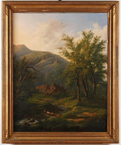 Anonimo del XVIII/XIX Secolo Paesaggio Collinare con Cascinali e Pastore