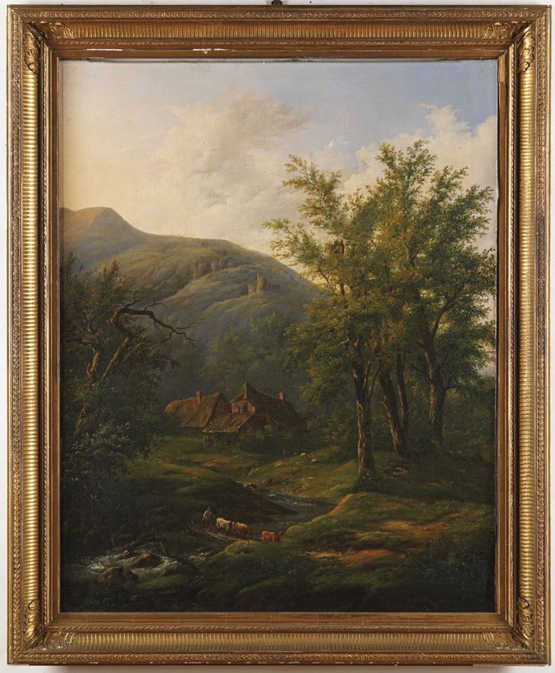 Anonimo del XVIII/XIX secolo Paesaggio collinare con cascinali e pastore  - olio su tela - Asta Dipinti Antichi - Cambi Casa d'Aste