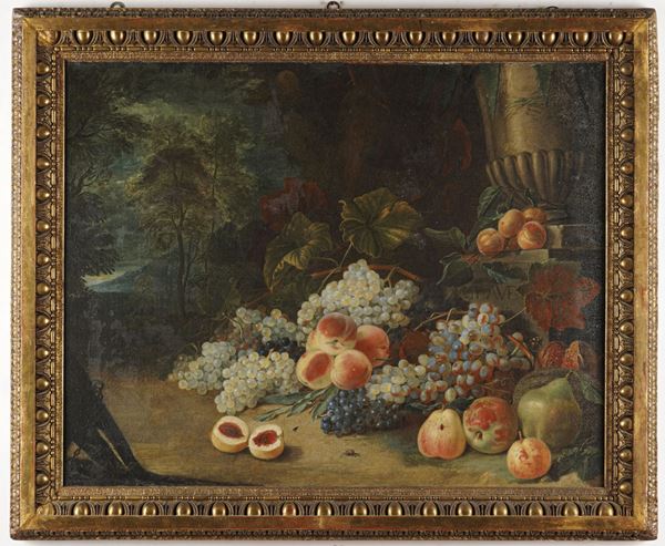 Scuola del XVIII/XIX secolo Natura morta di frutta in un paesaggio e vaso sullo sfondo