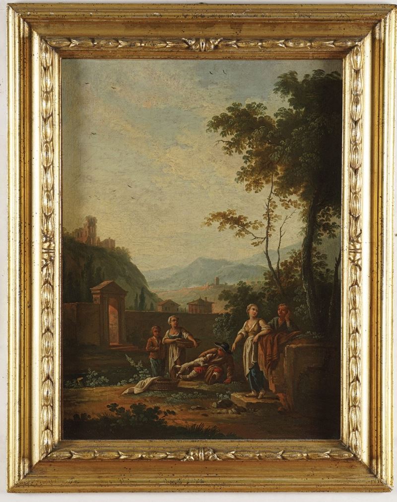 Scuola del XVIII secolo Paesaggio con popolani  - olio su tela - Auction Old Masters - Cambi Casa d'Aste