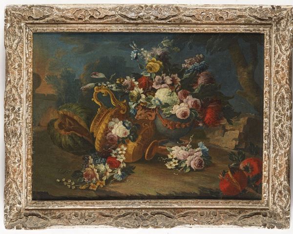 Scuola del XVIII secolo Nature morte con fiori, frutti, ortaggi e porcellane