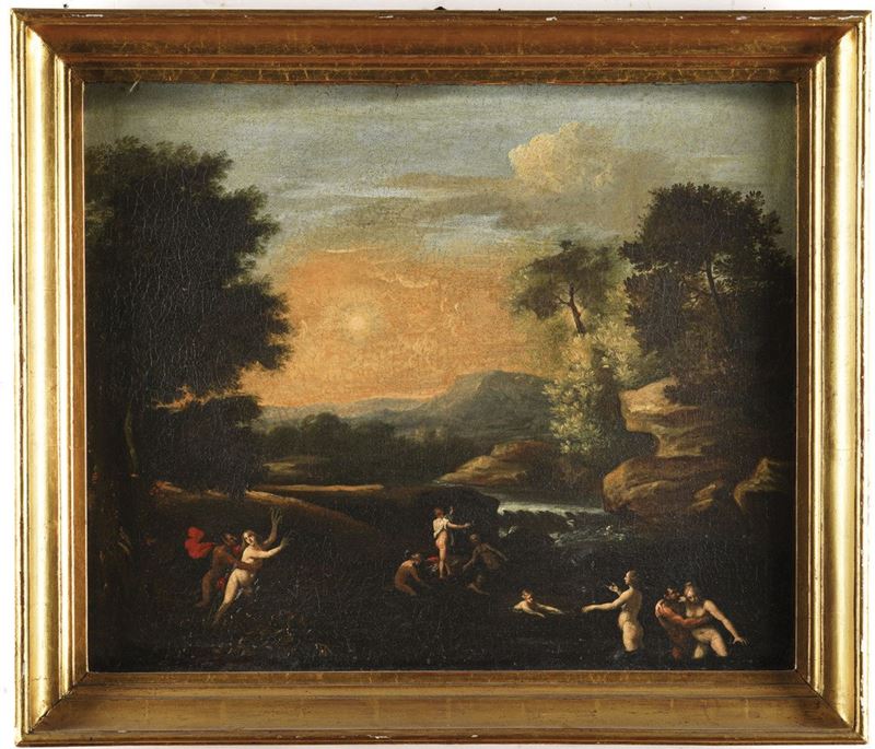 Scuola del XVII/XVIII secolo Ninfe e fauni in un paesaggio  - olio su tela - Asta Dipinti Antichi - Cambi Casa d'Aste