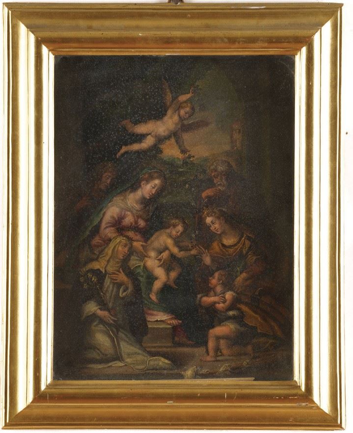 Scuola del XVII secolo Matrimonio mistico di Santa Caterina  - olio su rame - Asta Dipinti Antichi - Cambi Casa d'Aste