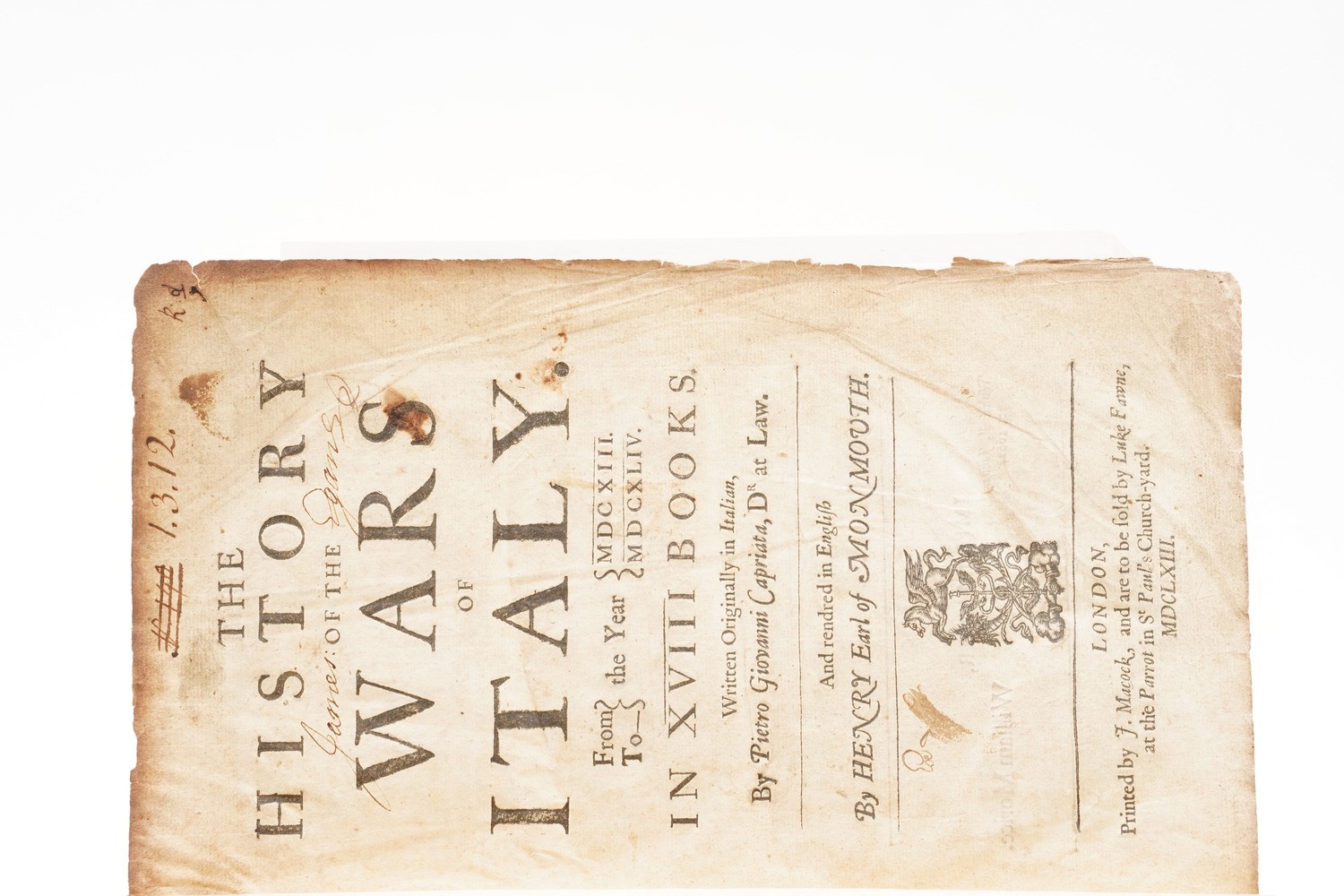 Pietro Giovanni Capriata The History Of The Wars Of Italy From To The Year 1613 - 1644 in XVIII B...