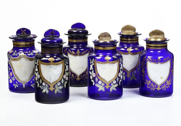 Sei barattoli da farmacia, XIX-XX secolo.