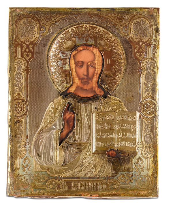 Cristo Pantocratore. Scuola russa del XIX secolo. Icona in legno con riza in rame dorato