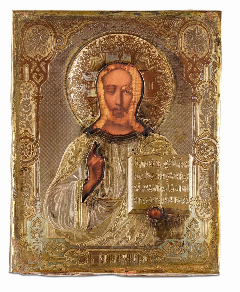 Cristo Pantocratore. Scuola russa del XIX secolo. Icona in legno con riza in rame dorato  - Asta Argenti da Collezione | Antichi - I - Cambi Casa d'Aste