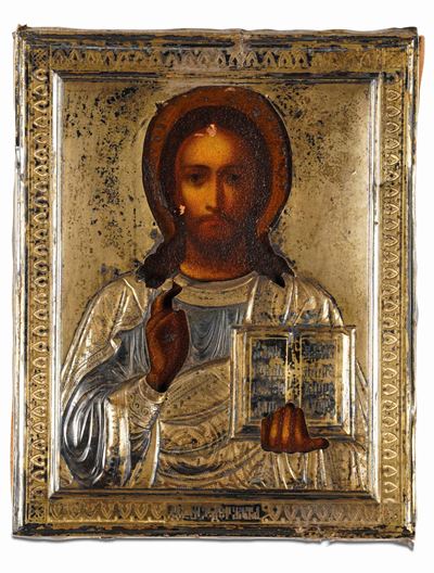 Cristo Pantocratore. Scuola Russa del XIX Secolo. Icona su Tavola con Riza in Metallo Dorato