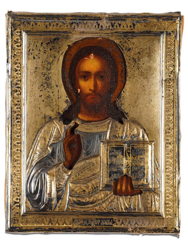 Cristo Pantocratore. Scuola russa del XIX secolo. Icona su tavola con riza in metallo dorato