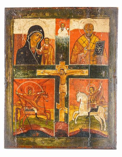 Icona Raffigurante la Vergine di Kazan, San Nicola da Mira, San Michele e San Giorgio con Crocifi...