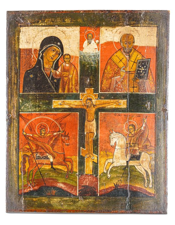 Icona raffigurante la Vergine di Kazan, San Nicola da Mira, San Michele e San Giorgio con Crocifissione al centro. Romania, XIX secolo.