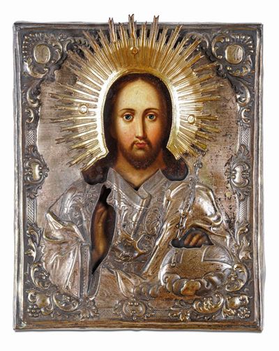 Cristo Pantocratore. Scuola Russa del XIX Secolo. Icona su Tavola e Riza in Metallo Dorato