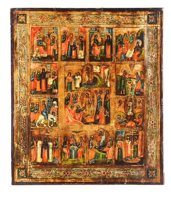 Icona raffigurante la discesa agli inferi e la Resurrezione con attorno dodici feste. Scuola russa del XIX secolo