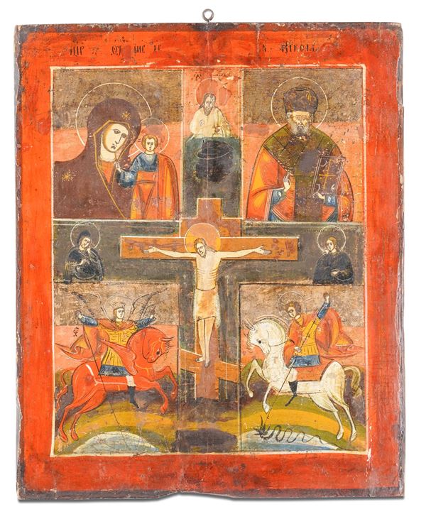 Icona quadripartita raffigurante la Vergine di Kazan, San Nicola di Mira, San Michele e San Giorgio con Crocifissione al centro. Romania, XIX secolo.
