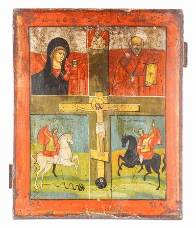 Icona Quadripartita Raffigurante la Vergine di Kazan, San Nicola di Mira, San Michele e San Giorg...