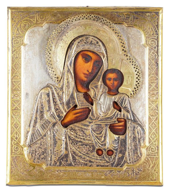 Icona raffigurante la Vergine Panagia Phaneromene. Russia del XIX secolo. Icona su tavola con riza in metallo dorato