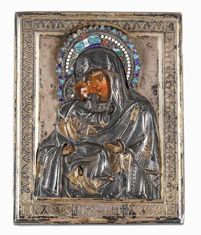 Vergine di Vladimir (eleusa). Scuola Russa del XIX Secolo. Icona su Tavola con Riza in Argento Fu...