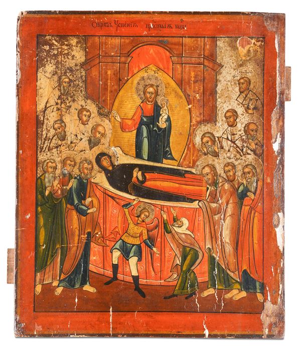 Icona raffigurante la Dormizione della Vergine. Scuola russa del XIX secolo.