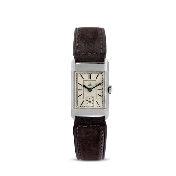 Omega - Rare rectangular steel staybright tank, silvered two-tone dial with small seconds at the bottom, sword-shaped hands