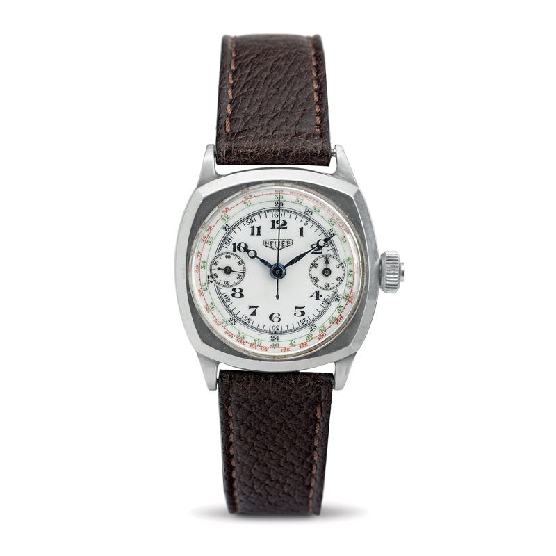 HEUER : Chronograph two counters steel cushion case with coaxial pusher white enamel dial, coloured tachometer and telemetric scale, Breguet numerals and hands  - Auction Watches - Cambi Casa d'Aste