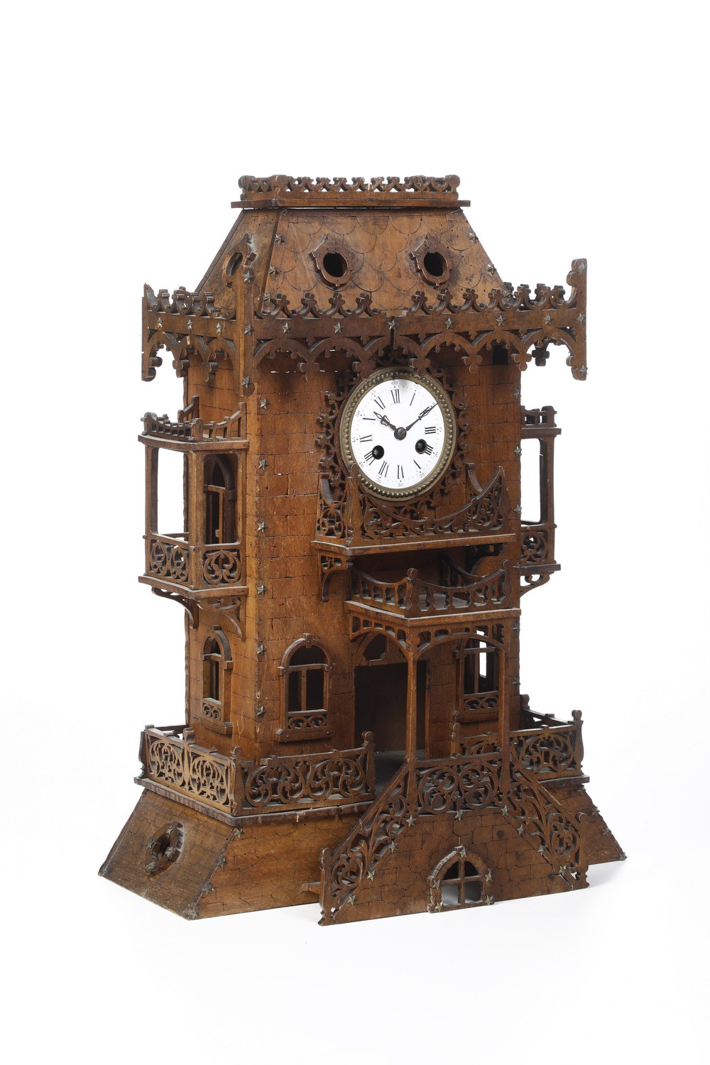 Orologio da Tavolo di Forma Architettonica in Legno. XX Secolo