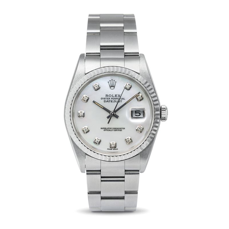 Rolex : Datejust ref 16234 in steel, aftermarket mother-of-pearl dial, white gold knurled bezel, Oyster bracelet automatic movement  - Auction Watches - Cambi Casa d'Aste
