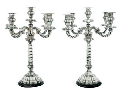 Coppia di Candelabri. Argenteria Italiana, Prima Metà del XX Sec. Marchio con Fascio Littorio in ...