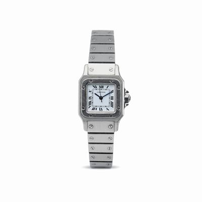 Elegante Santos Carrè Lady Acciaio Automatico, Quadrante Bianco con Numeri Romani e Cabochon sull...