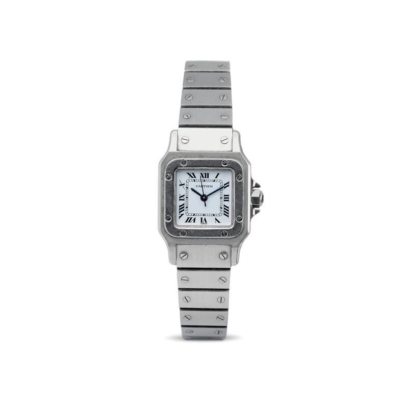 Cartier : Elegant Santos Carrè lady automatic steel, white dial with Roman numerals and cabochon on the crown  - Auction Watches - Cambi Casa d'Aste