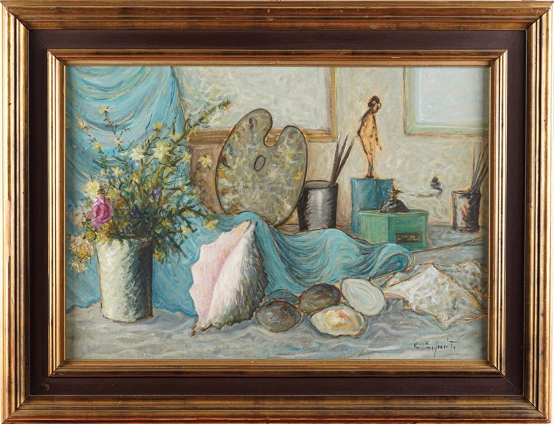 Cesare Esposito : Nel mio studio  - tecnica mista su cartoncino - Auction Painting of the XIX-XX century - Cambi Casa d'Aste
