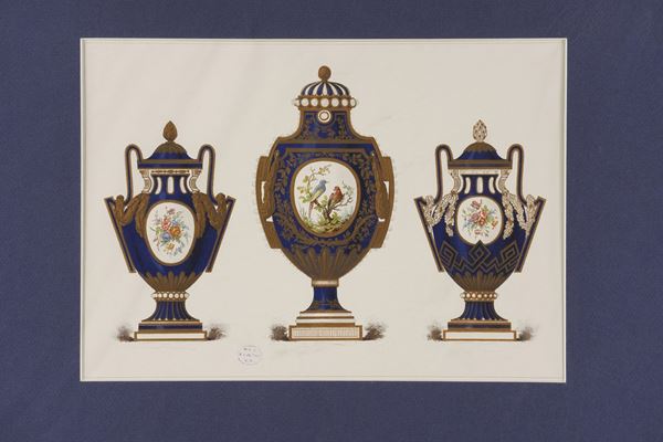 Serie di sei stampe colorate raffiguranti porcellane di Sevres