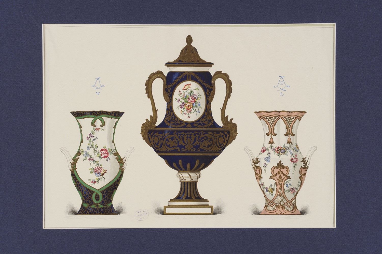 Serie di Sei Stampe Colorate Raffiguranti Porcellane di Sevres